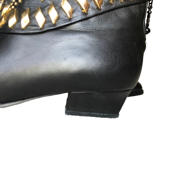 Vintage Black Leather Ankle Boots Gold Studded Western Pointed Toe Zip Booties 8 - Picture 13 of 15